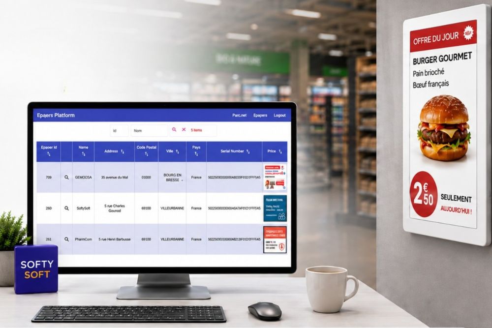 Écran e-paper SoftyScreen affichant une consigne dans les espaces communs d'une entreprise