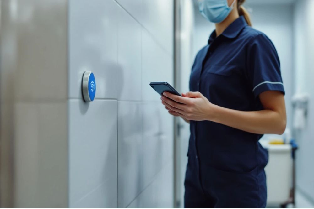 Agent de propreté utilisant son smartphone pour scanner un badge NFC au mur, assurant la traçabilité des passages