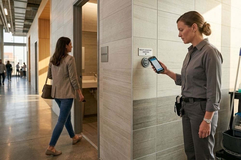 Agent de propreté effectuant un contrôle qualité sur son smartphone devant des sanitaires