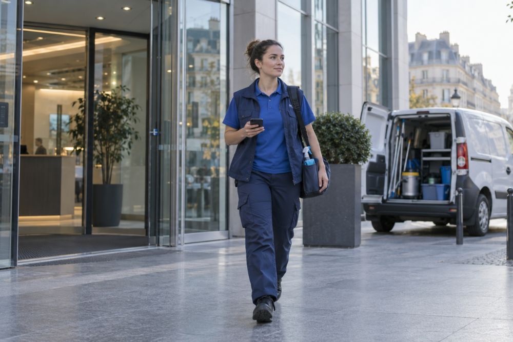 Agent de propreté multisite consultant son planning sur smartphone en sortant d'une intervention