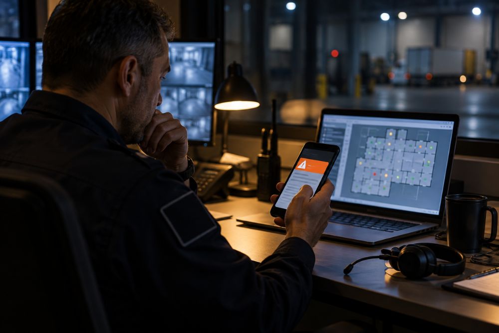 Responsable de sécurité de nuit recevant sur son smartphone une alerte de ronde en retard, avec le plan des points de contrôle affiché sur l'ordinateur
