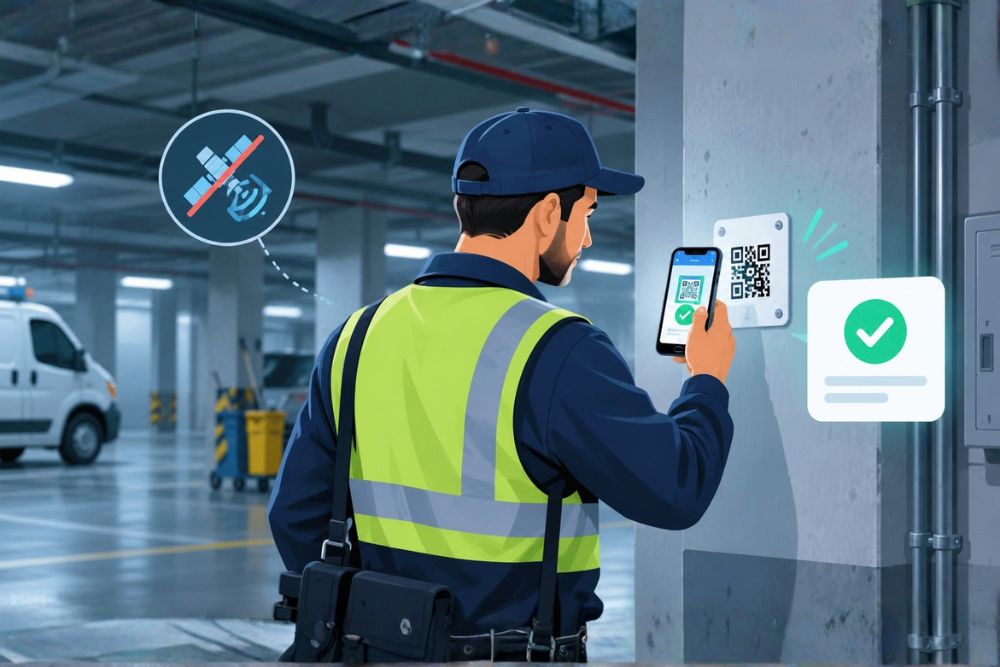 Agent de sécurité scannant un QR code dans un parking souterrain où le signal GPS est indisponible
