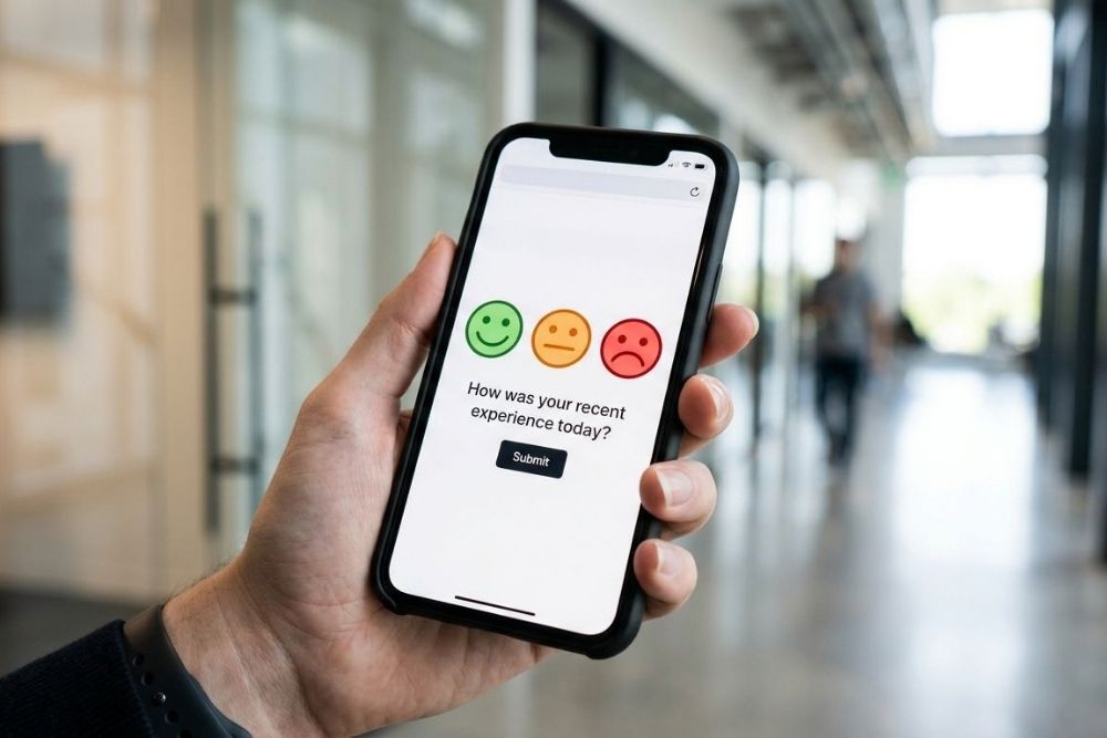 Application mobile affichant une interface de notation par smileys sur smartphone