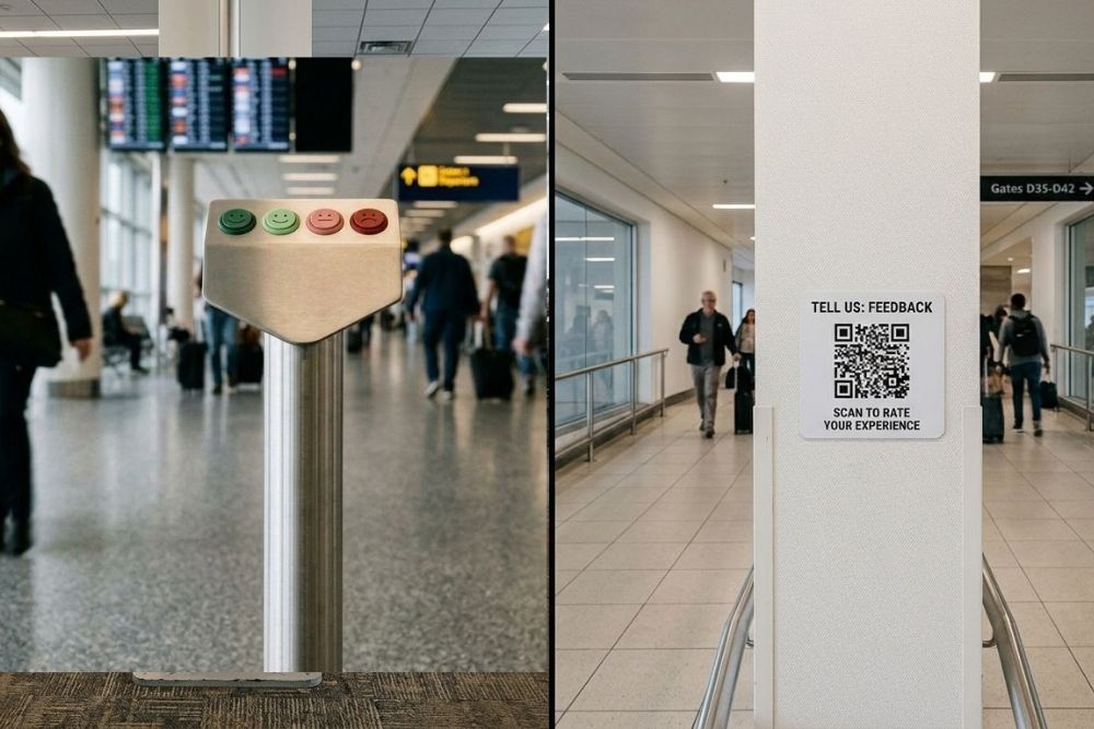 Comparatif entre un boîtier à smileys physique et un QR code de satisfaction affiché dans un aéroport