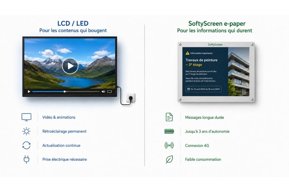 Comparaison visuelle entre un écran LCD standard et un écran e-paper dans un couloir d'entreprise