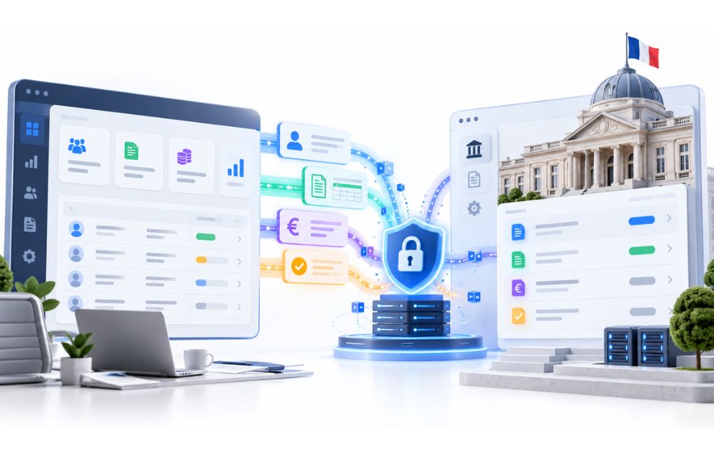 Illustration de la connexion sécurisée entre un logiciel de gestion et les serveurs de l'État (Urssaf) via une API