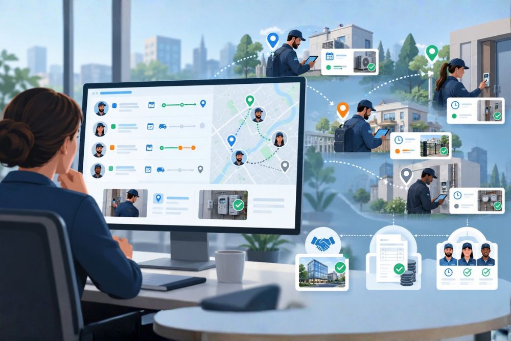 Gestionnaire consultant les relevés de pointage et la position des équipes sur un logiciel centralisé