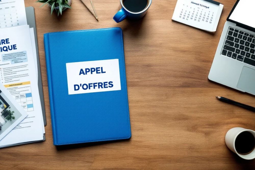 Dossier d'appel d'offres posé sur un bureau avec un ordinateur, illustrant la préparation d'une réponse à un marché public ou privé