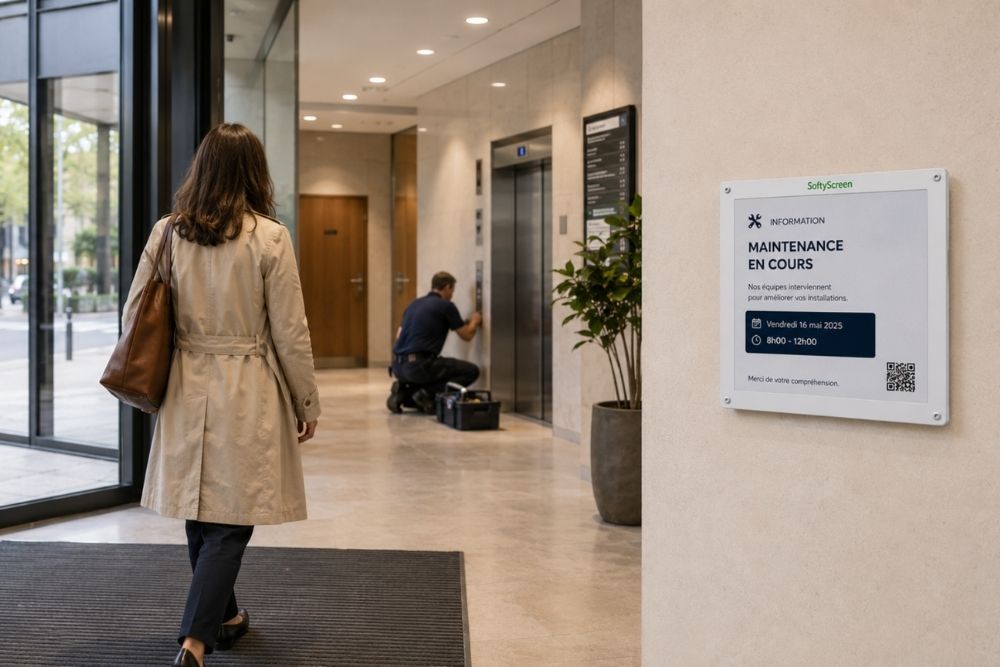 Écran e-paper installé près d'un ascenseur pour annoncer une opération de maintenance aux usagers