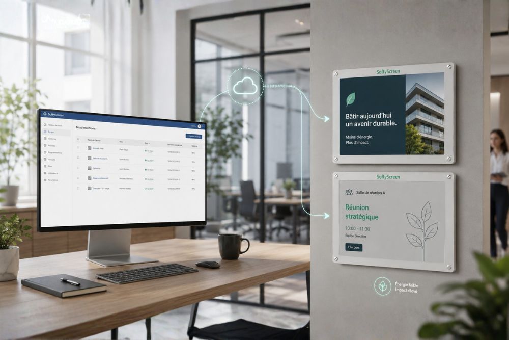 Écrans e-paper SoftyScreen affichant une consigne de sécurité, une réunion d'équipe et une offre promotionnelle, pilotés depuis une interface web