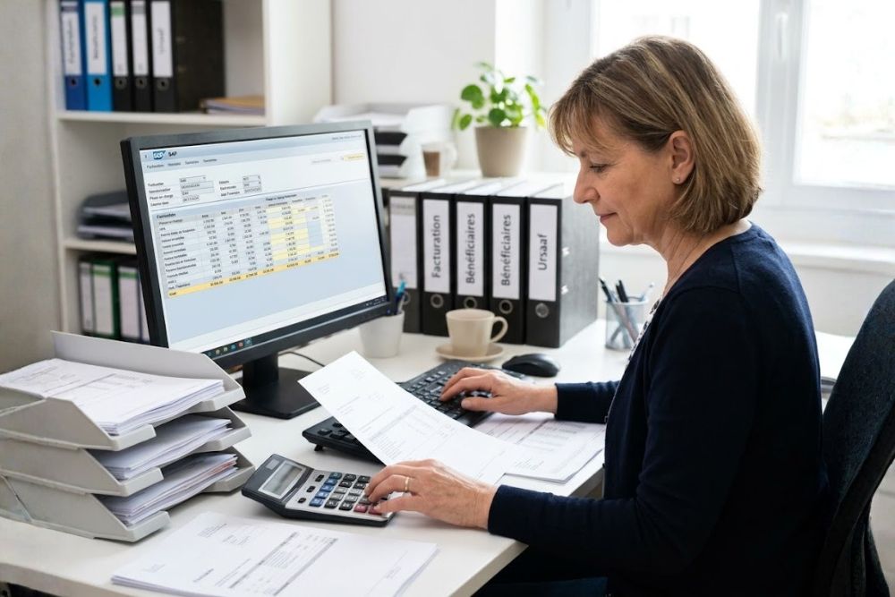 Gestionnaire administratif vérifiant la facturation multi-financeurs et les dossiers Urssaf sur un logiciel d'aide à domicile
