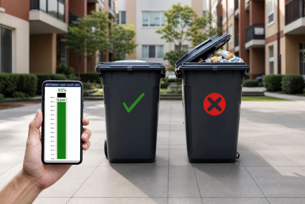 Application Fill Control affichant le niveau de remplissage d'une poubelle connectée en temps réel