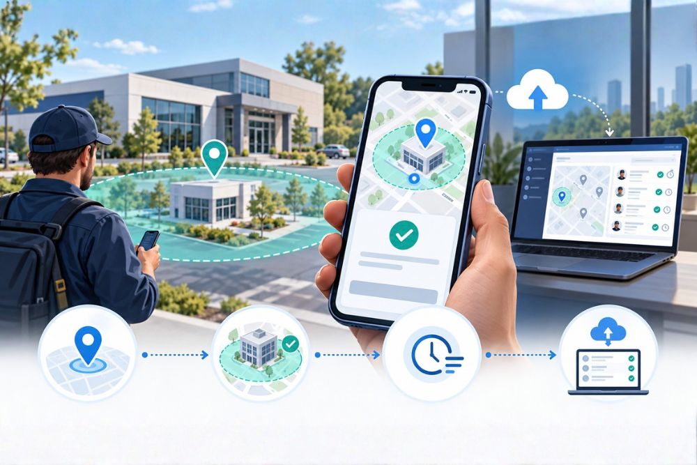 Schéma du fonctionnement d'un pointage géolocalisé : du smartphone vers le cloud puis au logiciel de gestion