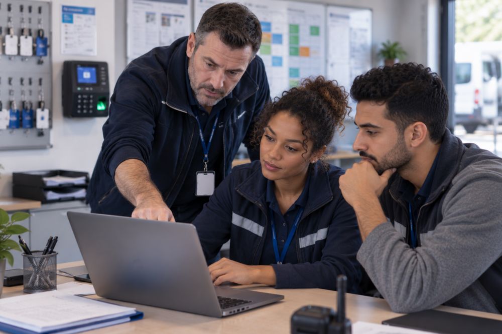 Responsable formant ses collaborateurs à l'utilisation d'un nouveau logiciel de planning d'équipe sur ordinateur