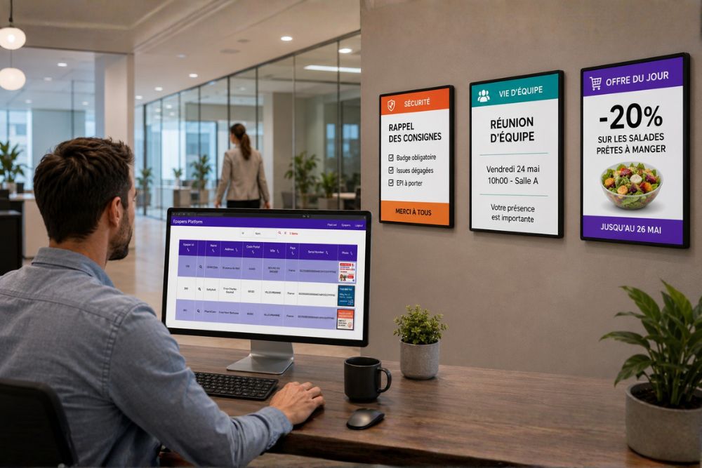 Gestion centralisée d'un parc d'écrans e-paper SoftyScreen multisite depuis une interface web, avec écrans muraux affichés en entreprise