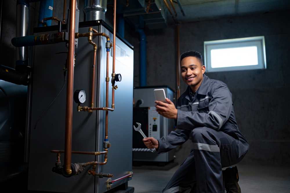 Technicien de maintenance utilisant une tablette sur le terrain