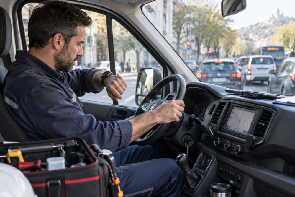Technicien de maintenance mobile vérifiant l'heure dans son véhicule utilitaire entre deux interventions