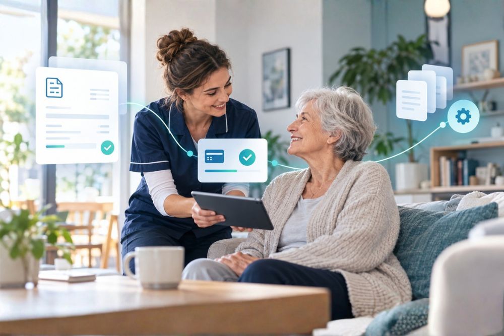 Intervenante à domicile accompagnant une personne âgée, avec une illustration de gestion documentaire dématérialisée