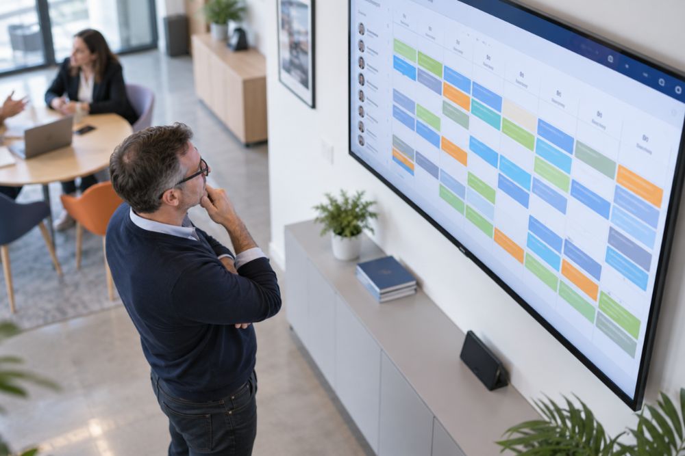Équipe de direction analysant un planning du personnel sur un grand écran interactif