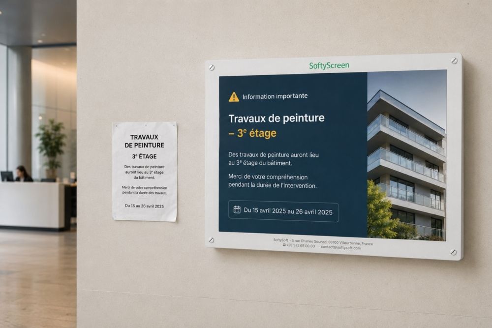 Remplacement d'une affiche papier traditionnelle par un écran e-paper connecté fixé au mur