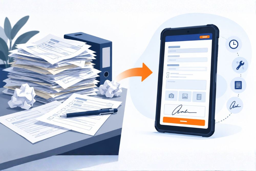 Illustration du passage des fiches d'intervention papier vers un format numérique sur smartphone