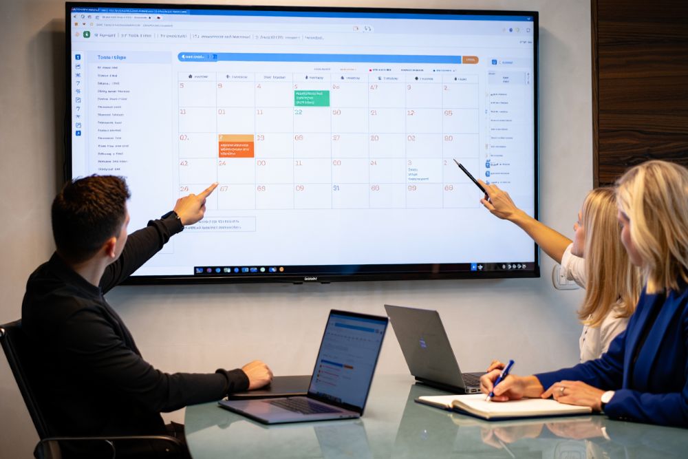 Démonstration de l'interface du logiciel SoftyPlanning sur un grand écran de gestion