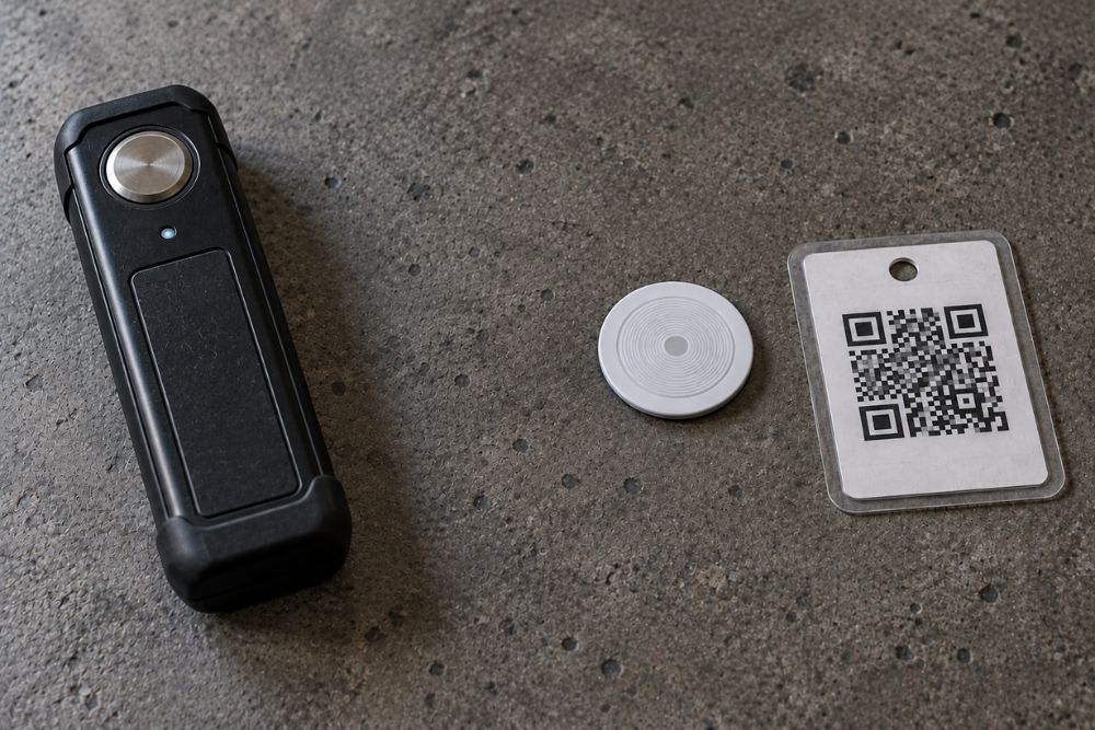 Pointeau de ronde, tag NFC et étiquette QR code posés côte à côte, les trois systèmes de contrôle de ronde