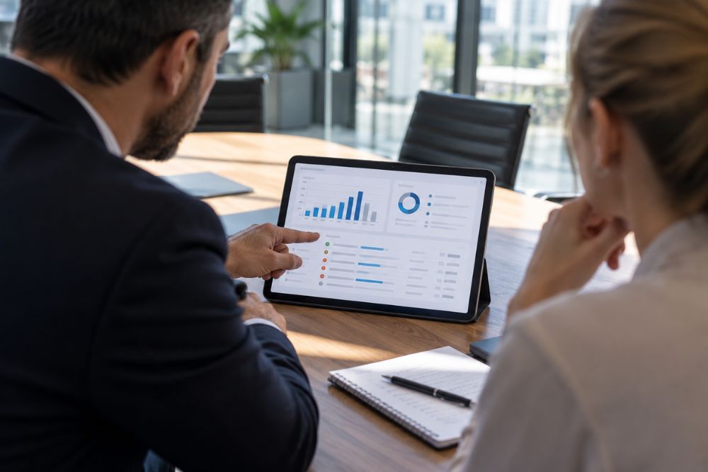 Responsable d'une société de sécurité présentant un rapport de ronde à son client sur une tablette, avec taux de réalisation et historique des passages
