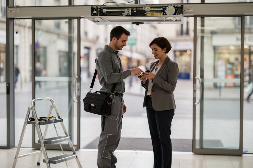 Technicien faisant signer un bon d'intervention sur smartphone à une cliente