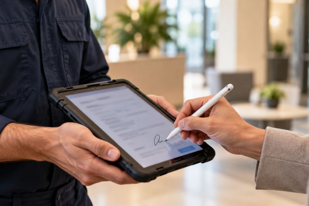 Client signant un bon d'intervention numérique sur une tablette présentée par un technicien