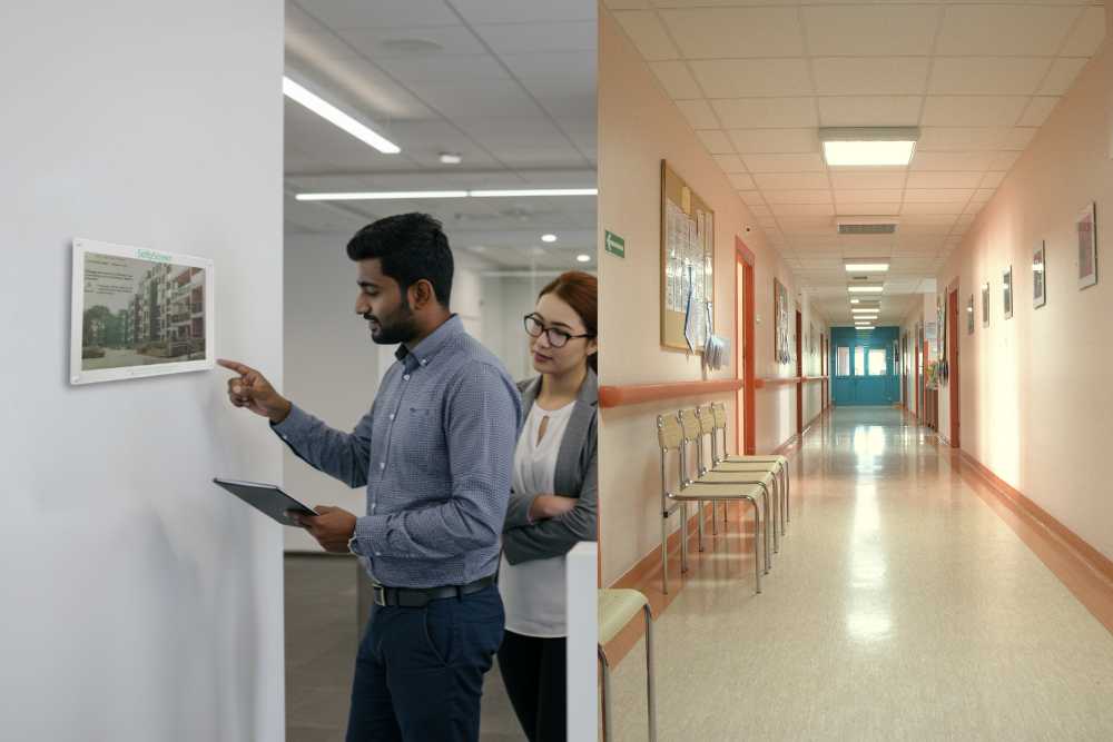 SoftyScreen dans un couloir d'entreprise pour une communication globale