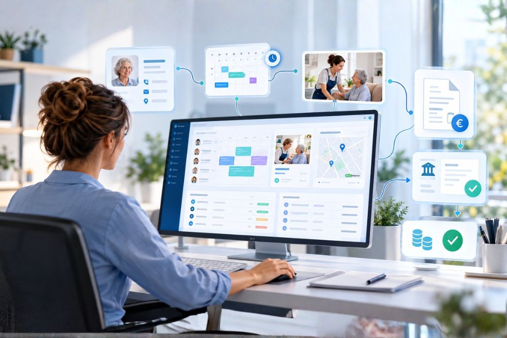 Interface visuelle illustrant le parcours complet d'une prestation, de la planification au paiement validé