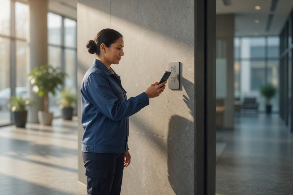 Agent de nettoyage confirmant son passage par pointage NFC dans le hall d'un immeuble