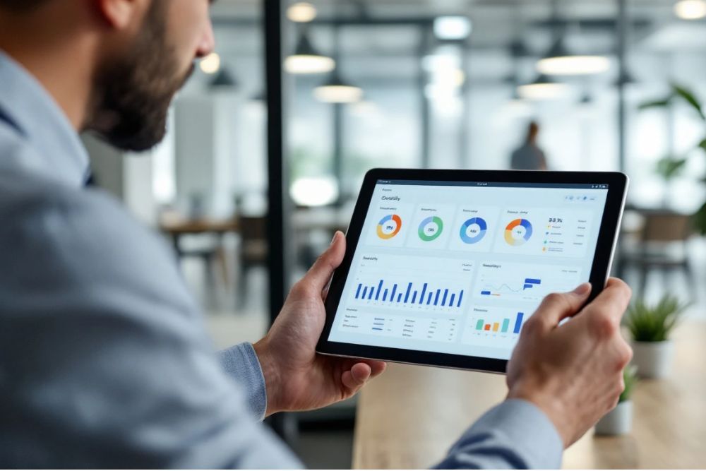 Responsable de site consultant un tableau de bord analytique et un reporting de prestation sur une tablette