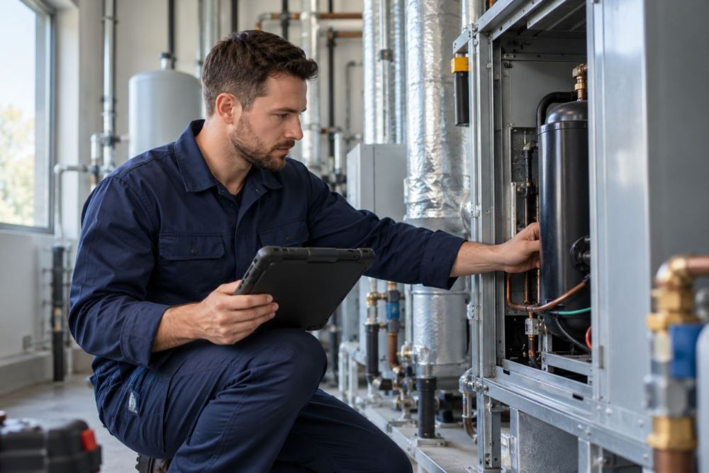 Technicien de maintenance utilisant une tablette pour son bon d'intervention lors du contrôle d'une installation