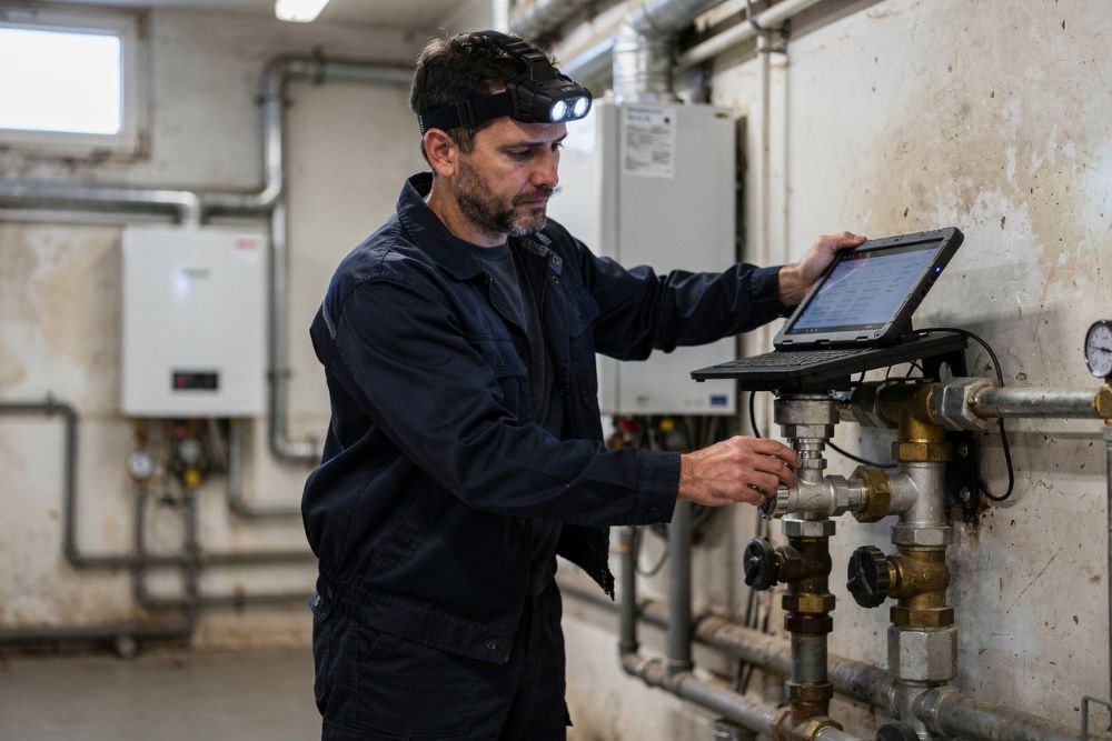 Technicien de maintenance intervenant sur une installation de chauffage avec une tablette durcie