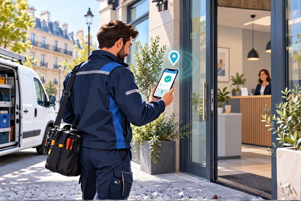 Technicien sur le terrain utilisant son smartphone pour un pointage GPS devant un bâtiment