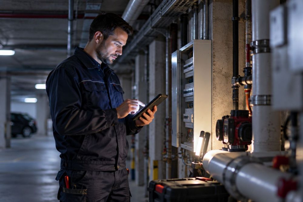 Technicien de maintenance complétant une fiche d'intervention sur tablette dans un local technique sans réseau