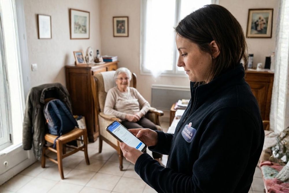 Intervenante d'aide à domicile effectuant un pointage de télégestion sur smartphone chez une bénéficiaire