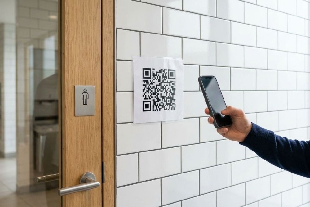 Usager scannant un QR code de satisfaction à la sortie de sanitaires