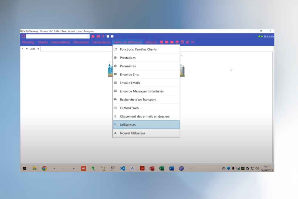 Accéder aux utilisateurs via le menu Tables de Référence dans SoftyPlanning