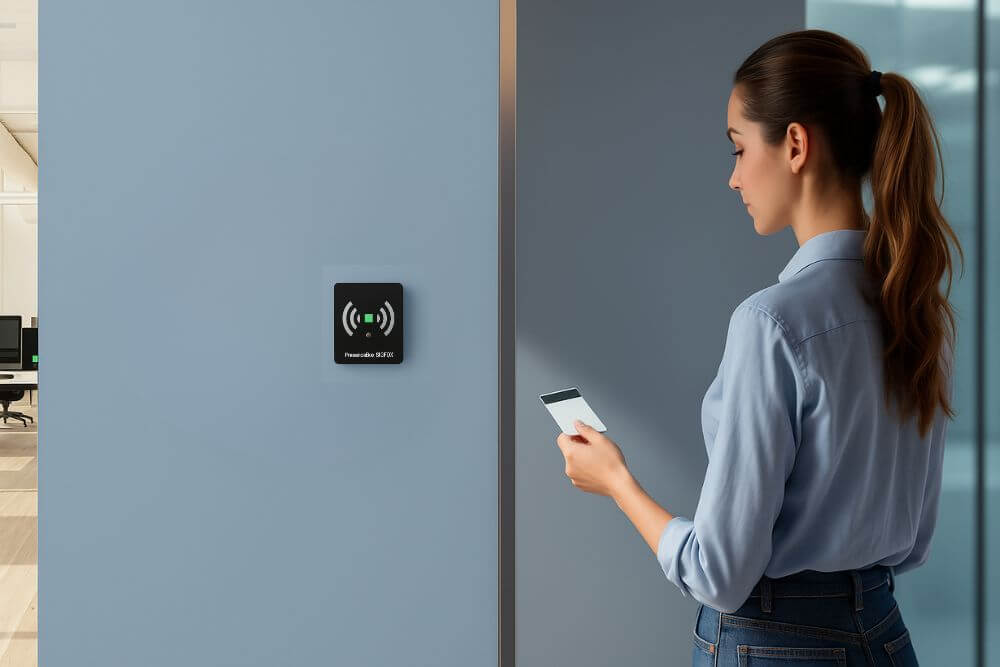 presencebox-sigfox-femme-utilise-badge-controle-acces