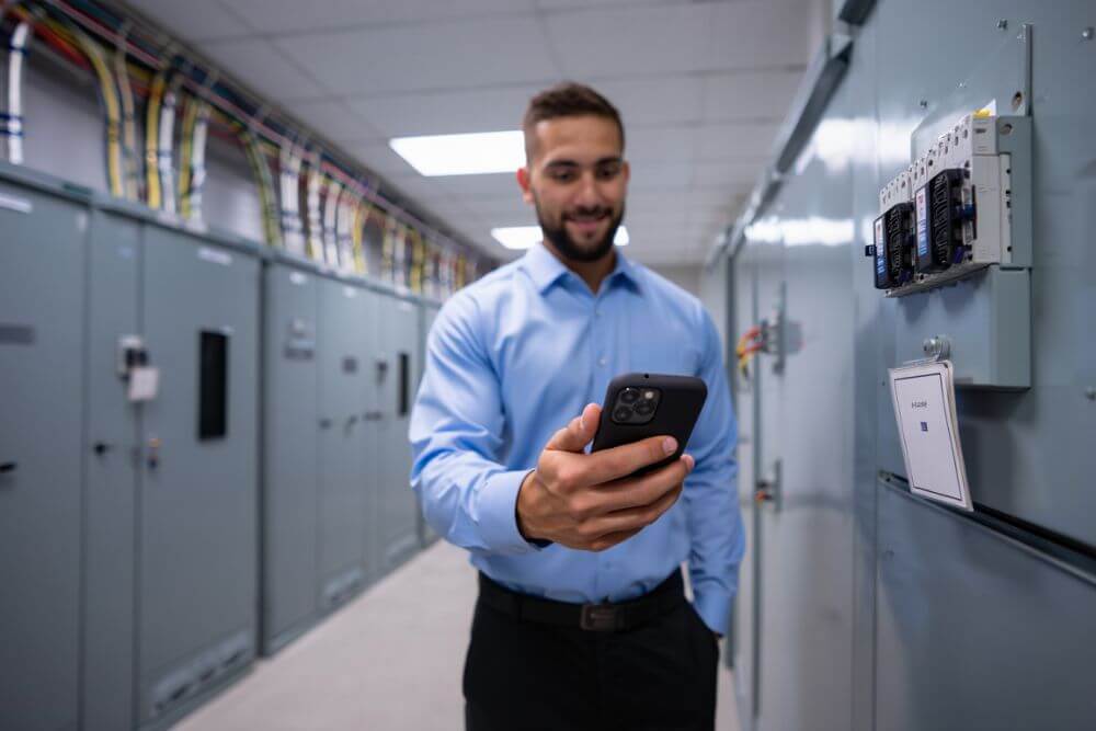 Technicien en maintenance utilisant une application mobile SoftySoft dans une salle technique pour scanner une balise NFC.