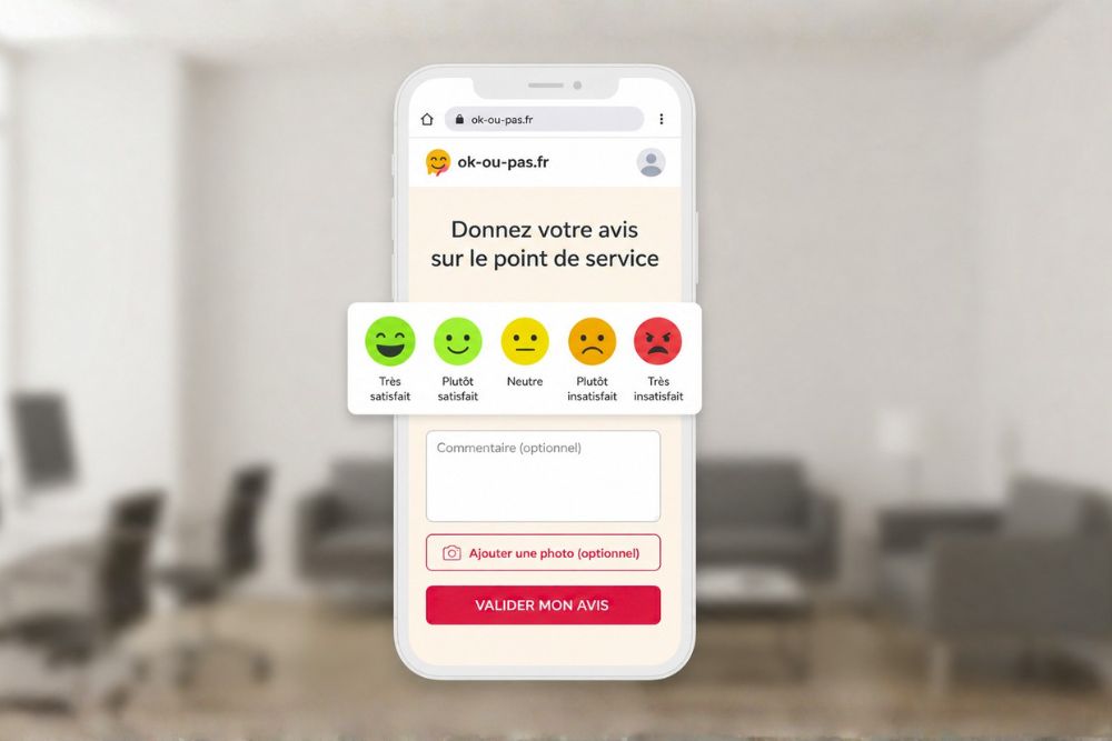 Interface mobile de ok-ou-pas.fr permettant de donner son avis sur un point de service avec 5 smileys de satisfaction et option photo