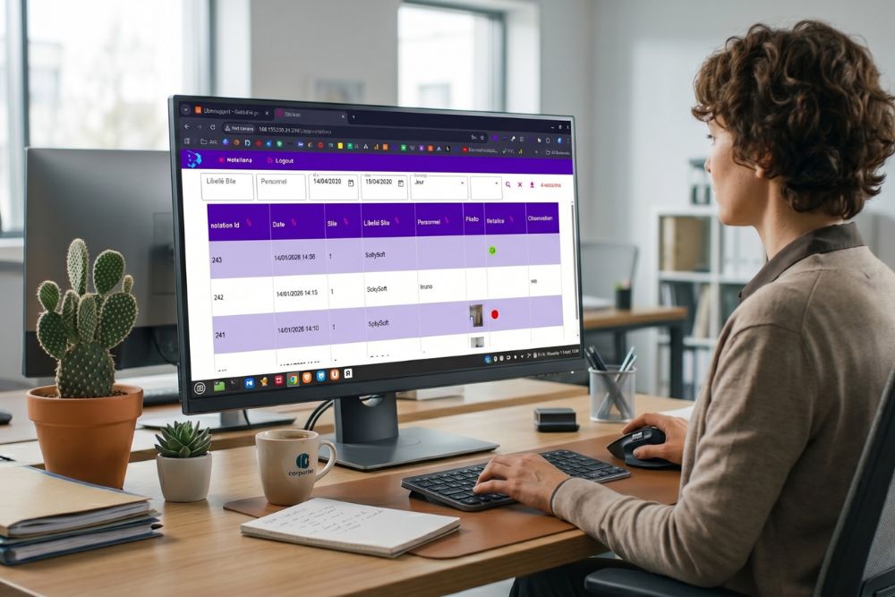 Gestionnaire sur ordinateur de bureau consultant l'historique complet et filtré des notations et passages d'intervenants sur site