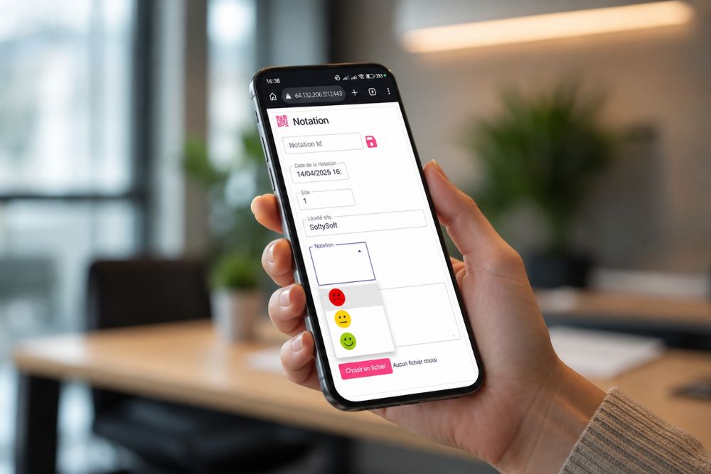 Smartphone affichant l'interface de notation SoftySoft pour l'enregistrement d'une intervention sur le terrain avec choix de smileys