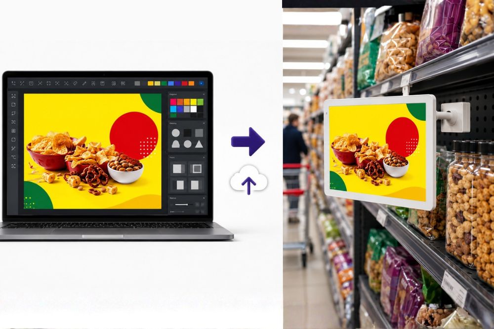 Éditeur en ligne SoftyScreen montrant la création d'un visuel pour écran e-paper avec texte, formes et icônes