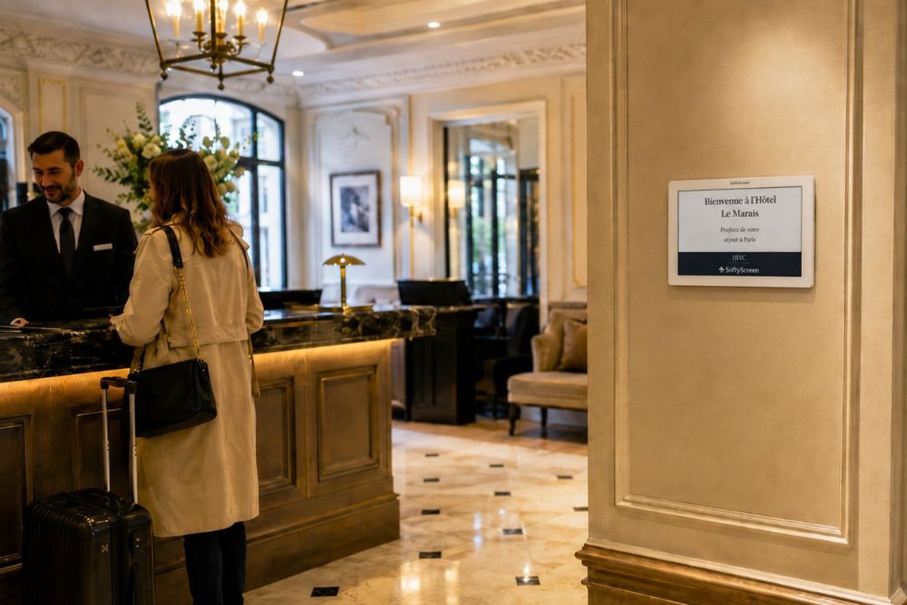 Écran connecté e-paper SoftyScreen installé à la réception d'un hôtel