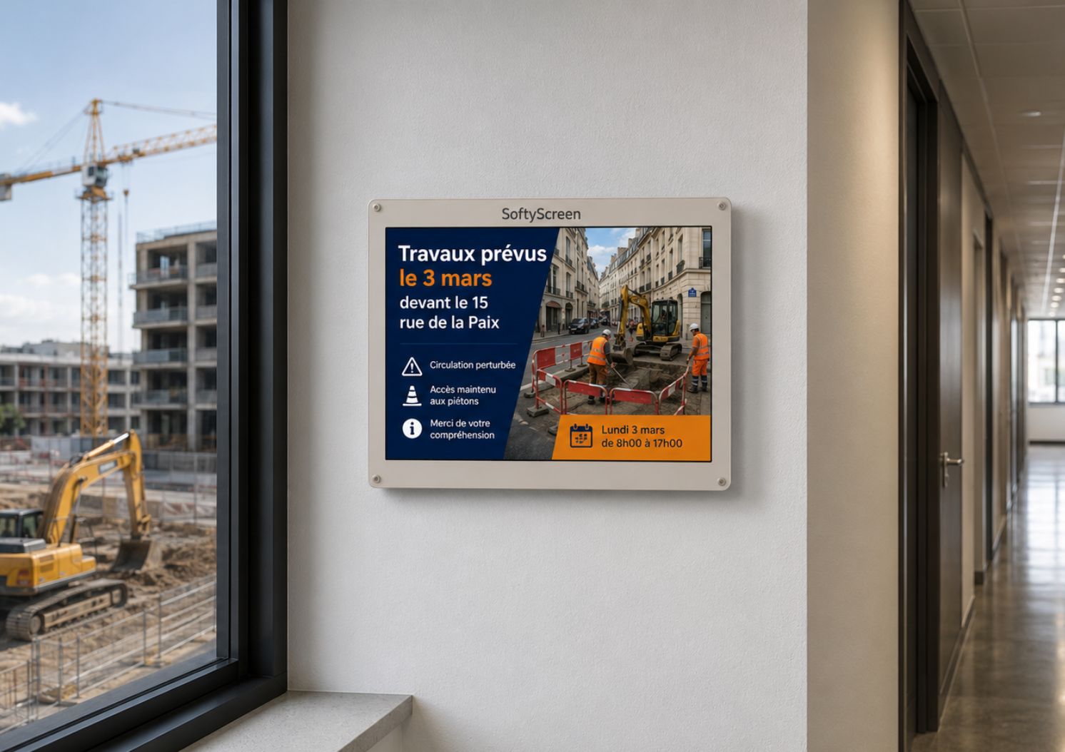 SoftyScreen affichant une information de chantier à l'entrée d'un site en travaux