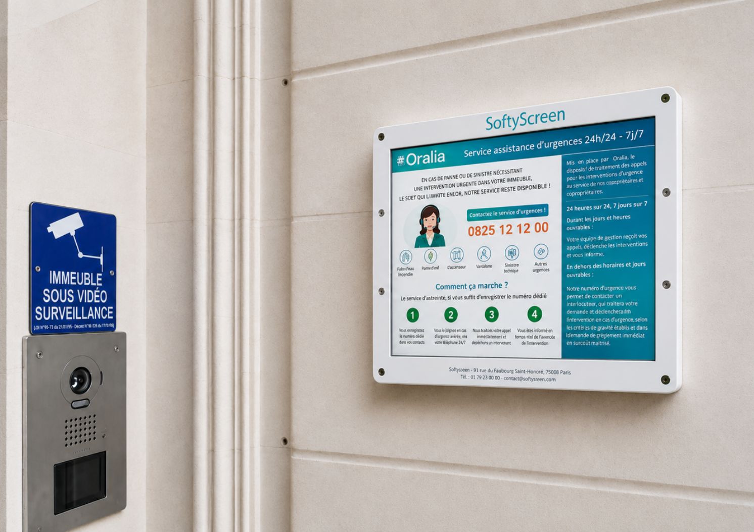 SoftyScreen installé dans le hall d'un immeuble pour afficher des informations aux occupants